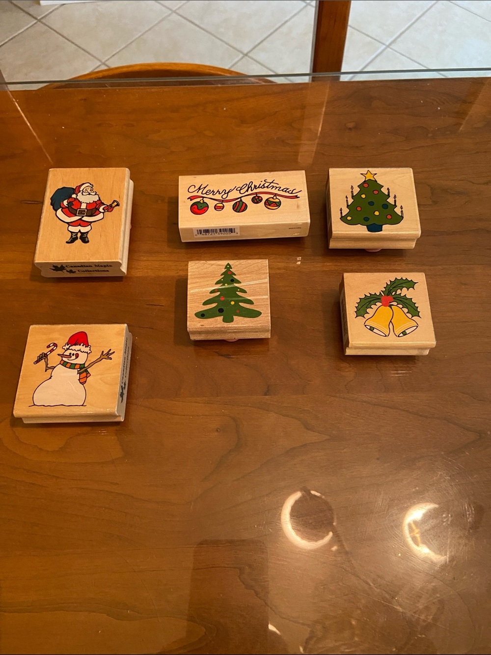 Holiday Wooden Stamp Set - Christmas Designs (Green, Red, Yellow)